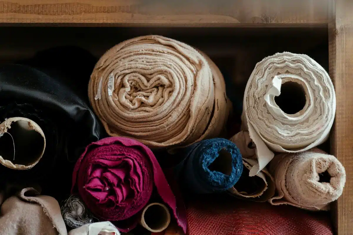 Rollos de tela en tonos crudos, fucsia y azul guardados en un estante de madera